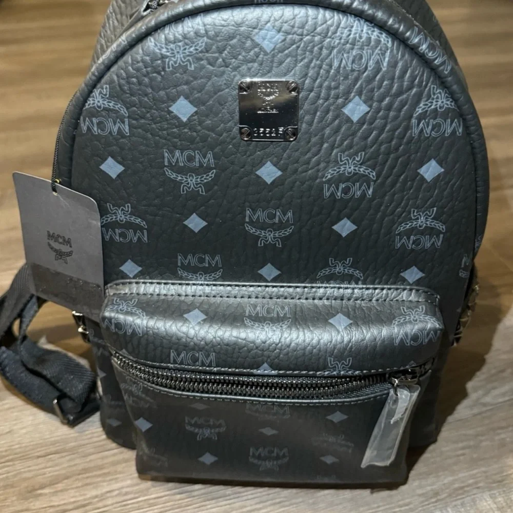 MCM Stark Monogram Logo Black Visetos Canvas Leather Small Studded Backpack
